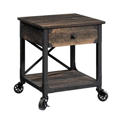 Steel River Side Table Carbon Oak - Sauder: Rustic Design, Storage Drawer, Open Shelf, Metal Frame