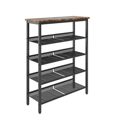 Shoe Rack For Entryway, 5 Tier Shoe Storage Rack For 16-20 Pairs Of Shoes, Industrial Shoe Organizer With 4 Metal Shelves Wooden Top For Hallway