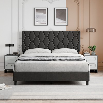 Bed Frame, Upholstered Platform Bed Frame with Height-Adjustable Headboard, Wooden Slatted Support, No Box Spring Required, No Noise