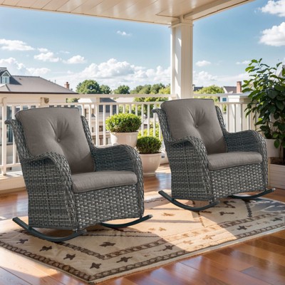 Outdoor Rocking Chairs Set of 2, All Weather Resin Wicker Patio Furniture Rocking Patio Chairs with Cushion and Metal Rocker Bars for Porch