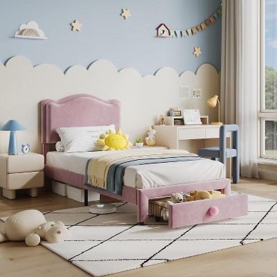 Kids Princess Twin Size Upholstered Bed Frame with Scallop Headboard & Storage Drawer