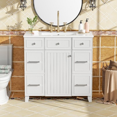 36"W Bathroom Vanity with Ceramic Sink, Bathroom Cabinet with Drawers, Soft-close Doors, Storage Cabinet and Adjustable Shelves, White/Blue/Grey/Green