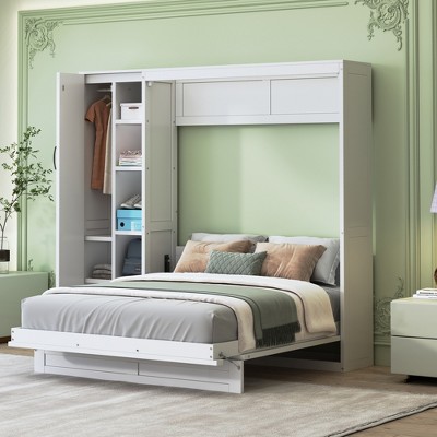 TIRAMISUBEST Full/Queen Size Murphy Bed Wall Bed with Open Storage Shelves and Bulit-in Wardrobe, Space Saving Folding Murphy Cabinet Bed w/LED Lights