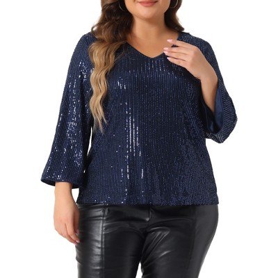 Agnes Orinda Women's Plus Size Sequin Glitter Sparkly V-Neck Long Sleeve Dressy Blouse