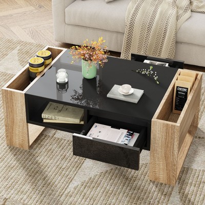 NicBex 41.3" Wood Coffee Table with Storage Shelf,Cocktail Table with Hidden Compartments,High-Gloss Side Tables Living Room with 2 Drawers