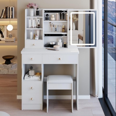 PAGED Vanity Desk Small Makeup Table with Socket, Hair Dryer Bracket, Brightness Adjust LED Mirror, Cushioned Stool for Living Room