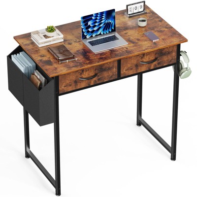 Gulches Small Computer Desk 32inch Home Office Writing Table with Storage Fabric Side Bag Headphone Hook Metal Frame Adjustable Brown
