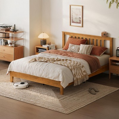 Solid Wood Bed Frame with Headboard, No Box Spring Needed