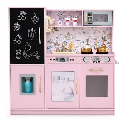 Costway Kid's Pretend Play Kitchen Toddler Kitchen Playset with Blackboard Pink/White/Light Pink/Beige