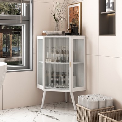 KTMBDW Floor Coner Cabinet with Tempered Glass Doors and Shelves, Curved Metal Corner Cabinet, 3-Side Glass Display Cabinet for Bathroom, Living Room