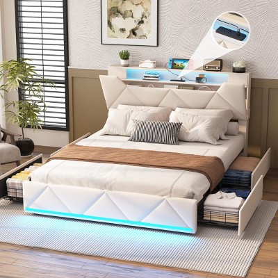 Bed Frame with Storage Headboard, 4 Drawers, Charging Station and Led Lights