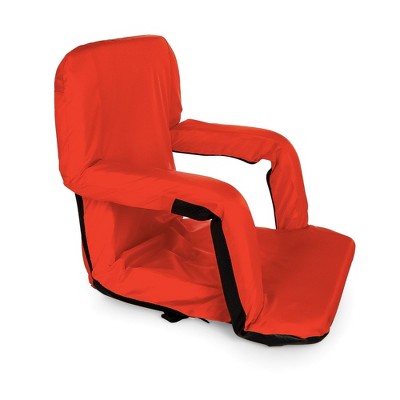 Camco 16” x 20” Portable Reclining Stadium Seat, Foldable Polyester Cushioned Chair with Steel Frame, Back Support, Armrests, and Storage, Red