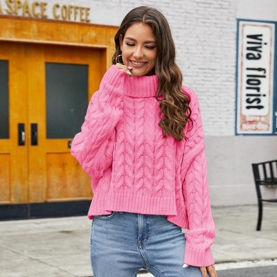 Coolmee Women's Fall Winter Turtleneck Cropped Sweater Casual Cable Knit Long Sleeve Pullover Jumper Tops