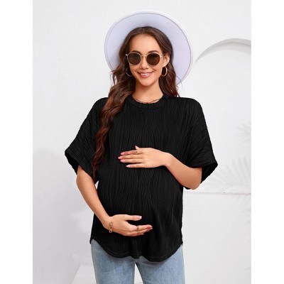 Womens Maternity Shirts Summer Ribbed knit Short Sleeve Casual Pregnancy Clothes Crewneck Loose Maternity Tops