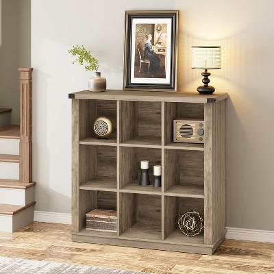 9 Cube Storage Organizer Bookshelf, 37.4" Grey 4-Tier Farmhouse Bookcase, Long Low Wood Storage Shelf for Entryway & Living Room