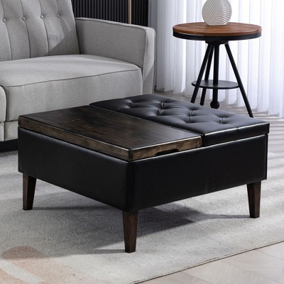 Hyleory 31.5" Solid Wood Faux Leather Square Storage Ottoman