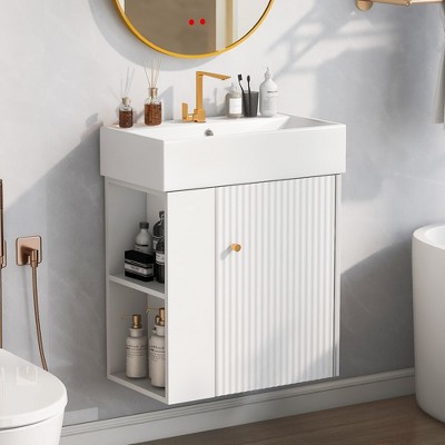 MAYEERTY 21.6inch Modern Floating Bathroom Vanity with Ceramic Basin - Perfect for Small Bathrooms, Left side storage