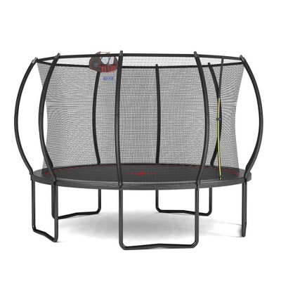 QingMoon 12FT Recreational Pumpkin Trampoline With Basketball Board, Hoop,Ball,Inflatable,Ladder And Safety Enclosure Net For Kids And Adults