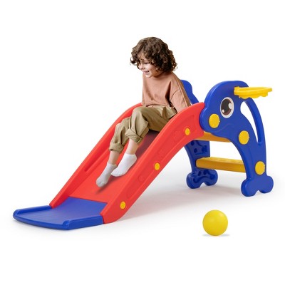 Sandinrayli 3 in 1 Toddler Slide, Baby Slide Climber Playset with Basketball Hoop and Ball, Indoor and Outdoor Playground for Kids Pink