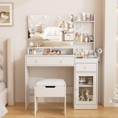 Vanity Table with Charging Station, Cute Vanity with Comfortable Bench