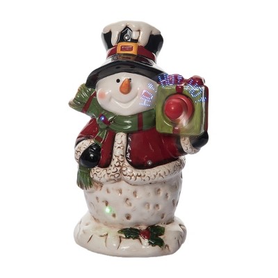 Transpac Dolomite Light Up Snowman with Gift Box and Music - Festive Christmas Decorative Object for Holiday Cheer