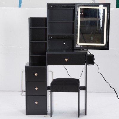 Ridstar 29.2 in. W Small Space Left Bedside Cabinet Vanity Table with Cushioned Stool For Small Space-Black