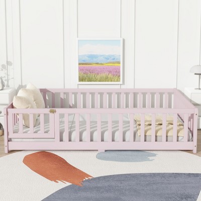 Full Size Floor Bed with Safety Guardrails, Fence and Door