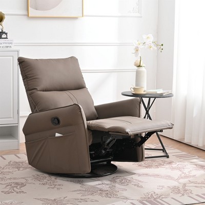 Kumasinova Rocking Recliner Chair,270/360°Swivel Nursery Chair with Extandable Footrest&Side Pockets,Versatile PU Accent Chair,330lbs Max