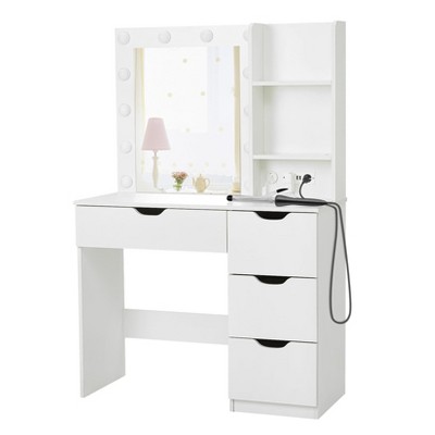 GustoWave Modern Vanity Makeup Desk with Vanity Mirror, Built-in Lights, 4 Drawers, Crystal Ball Knobs, Power Outlet, Makeup Desk for Bedroom