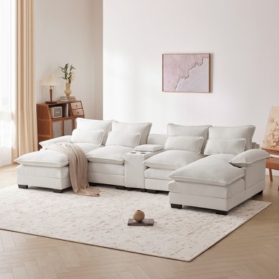 Whisen Modern 6-seat Upholstered U-shaped Sofa with Chaise and Console, Cupholders and USB Ports