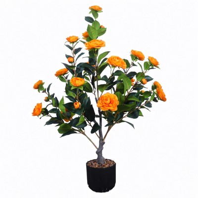 Racxily Artificial Camellia Tree 2 Pack, 36"Faux Camellia Plant, Greenery Potted Plant for Indoor Outdoor Porch Decor, Orange
