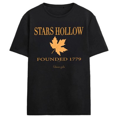 Gilmore Girls Stars Hollow Maple Leaf Adult Black Crew Neck Short Sleeve T-shirt