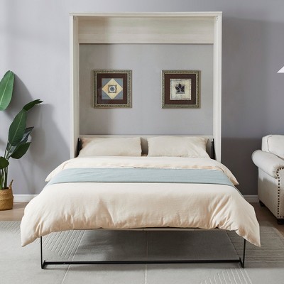 Queen Size Murphy Bed Wall Bed with Side Cabinet, Space-Saving Bed Perfect for Guest Room, Bed Room, Home Office, Rustic White/Brown -ModernLuxe