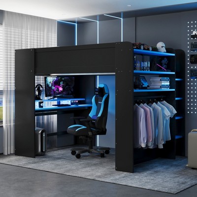 Full Size Gaming Loft Bed with Height-Adjustable Desk, Wardrobe, RGB Light & USB Port, Wood Bunk Bed - ModernLuxe