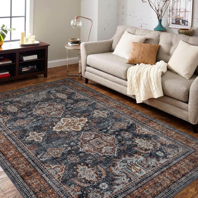 Vintage Area Rug Floral Printed Carpet Non Slip Oriental Distressed Floor Mat Washable Low Pile Indoor Carpet for Bedroom Kitchen Office
