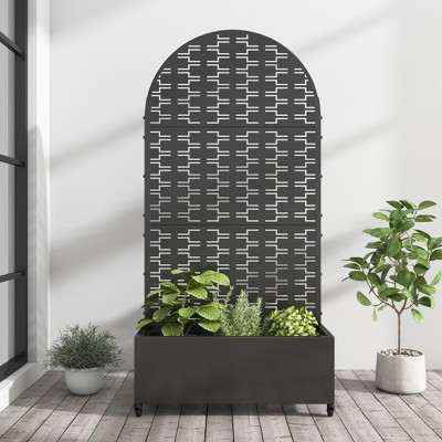 Wooakway 72"H Black Arch Metal Planter Box with Trellis Raised Garden Bed with Arbor Privacy Screen with Wheels