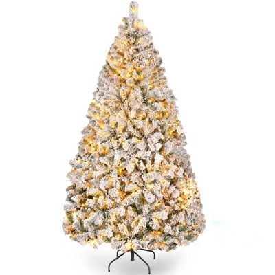 SUGIFT 6ft Pre-Lit Snow Flocked Artificial Christmas Tree, Premium PVC Pine Xmas Trees with Metal Stand and Warm LED Lights