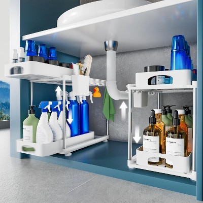 OBOKATA 2 Pack Under Sink Organizer, Height Adjustable Cabinet Organizer with Two Slide-Out Drawers