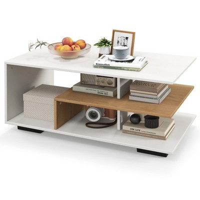 Tangkula Geometric Coffee Table w/ Storage Shelves 3-Tier Rectangular Tea Table