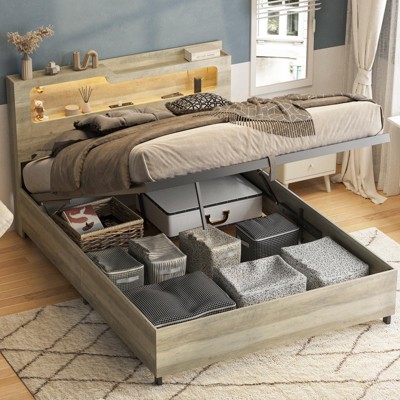 Lift Up Storage Platform Bed Frame, 2-Tier Wooden Headboard