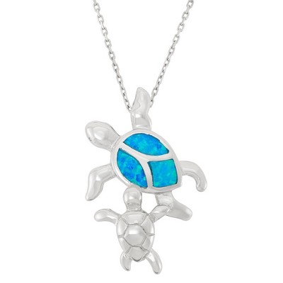 Opalata Sterling Silver, Blue Inlay Opal Swimming Turtle 18" Pendant Necklace - Blue