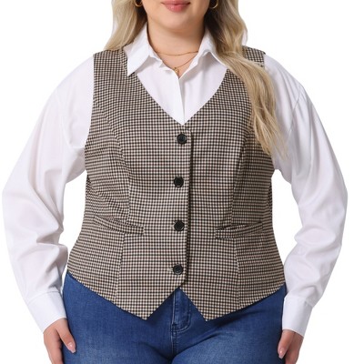 Agnes Orinda Women's Plus Size Sleeveless V Neck Plaid Retro Work Button with Pockets Suit Vests