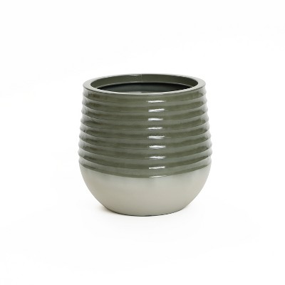 LuxenHome Decorative Resin Planter – Emerald Ribbed Top and Ivory Base with Drainage Hole