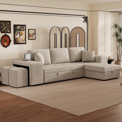 104" Pull Out Sleeper Sofa, Reversible L-Shape Sectional Couch with Storage Chaise and 2 Stools-ModernLuxe