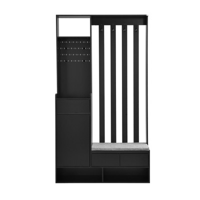 CLIHOME Contemporary Hall Tree Storage with Cushioned Storage Bench, Multifunctional Hallway Shoe Cabinet with Pegboard & 4 Hooks