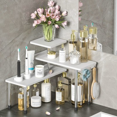 Aoibox Bamboo 3 Tier Corner Shelf White Bathroom Countertop Organizer Space Saving Rack for Kitchen Office Living Room