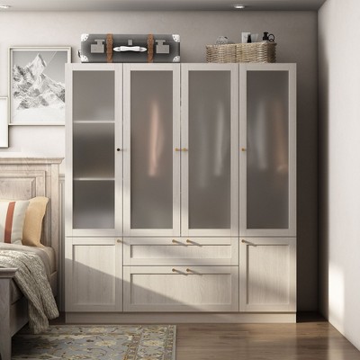 FUFU&GAGA White Woodgrain Combination Wardrobe Frosted Glass Cabinet Door Armoire Gold Cone Pulls Armoires