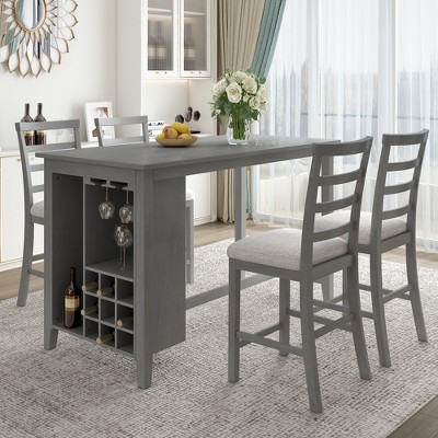 5 PCS Wood Counter Height Dining Table Set with Integrated 9 Bar Wine Compartment, Wineglass Holders and Padded Chairs-ModernLuxe