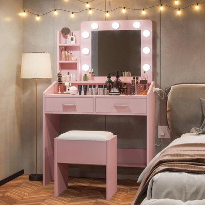 Vanity Set with 3-Color Adjustable LED Mirror, Small Makeup Desk with Power Outlet and 2 Drawers
