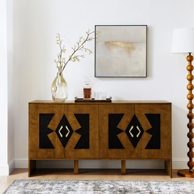 TiramisuBest 60" Mid-Century Modern Sideboard Buffet Cabinet with Storage, TV Media Console with Geometric Pattern & Adjustable Shelves,Walnut